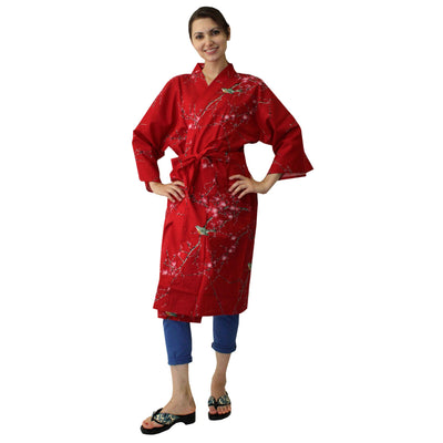 Women's Happi Coat: Kimono Robe - Plum & Bush Warbler Red