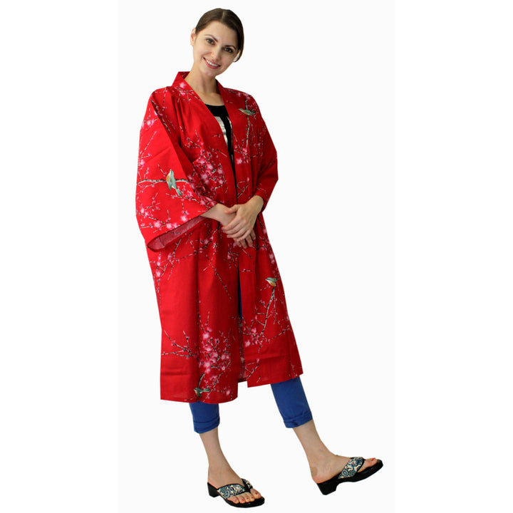 Women's Happi Coat: Kimono Robe - Plum & Bush Warbler Red