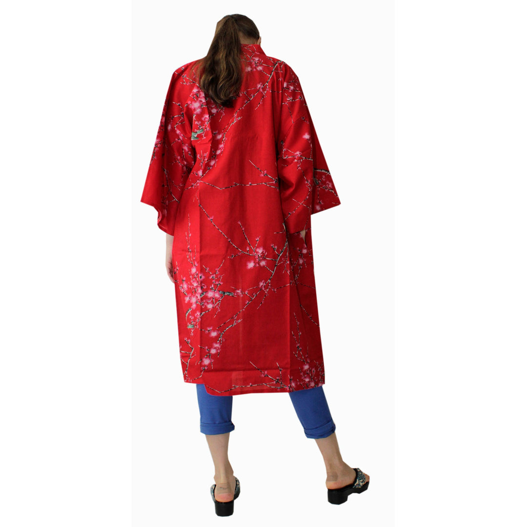 Women's Happi Coat: Kimono Robe - Plum & Bush Warbler Red