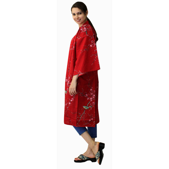 Women's Happi Coat: Kimono Robe - Plum & Bush Warbler Red