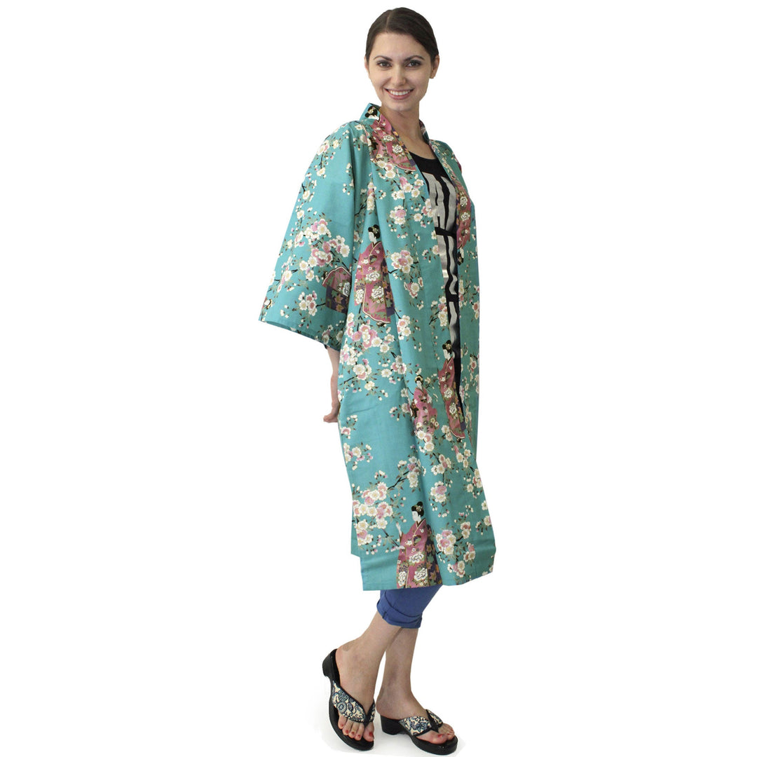 Women's Happi Coat: Kimono Robe - Lovely "Maiko" Turquois