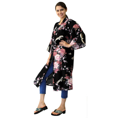 Women's Happi Coat: Kimono Robe - Flying Crane & Peony Black