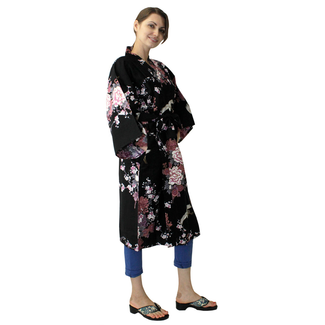 Women's Happi Coat: Kimono Robe - Flying Crane & Peony Black