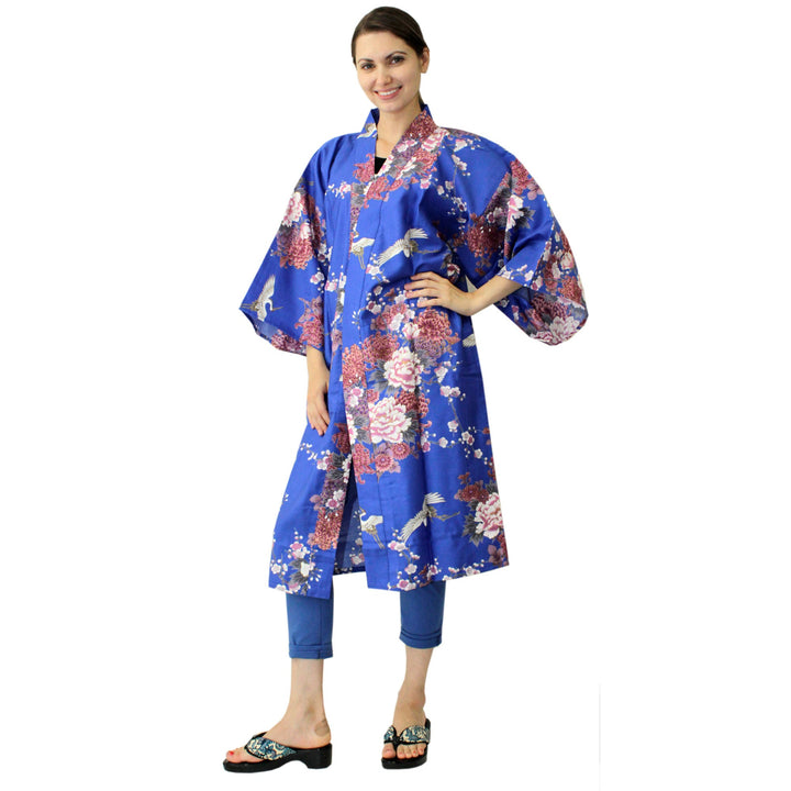 Women's Happi Coat: Kimono Robe - Flying Crane & Peony Blue