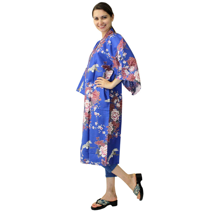 Women's Happi Coat: Kimono Robe - Flying Crane & Peony Blue