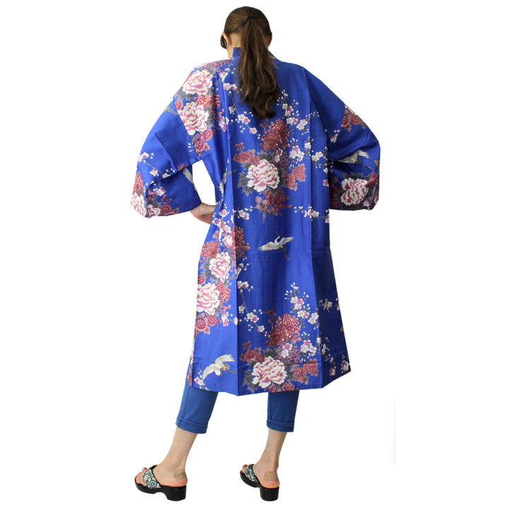 Women's Happi Coat: Kimono Robe - Flying Crane & Peony Blue