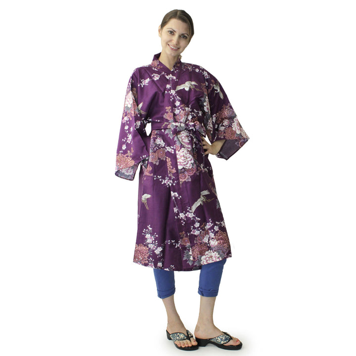 Women's Happi Coat: Kimono Robe - Flying Crane & Peony Purple