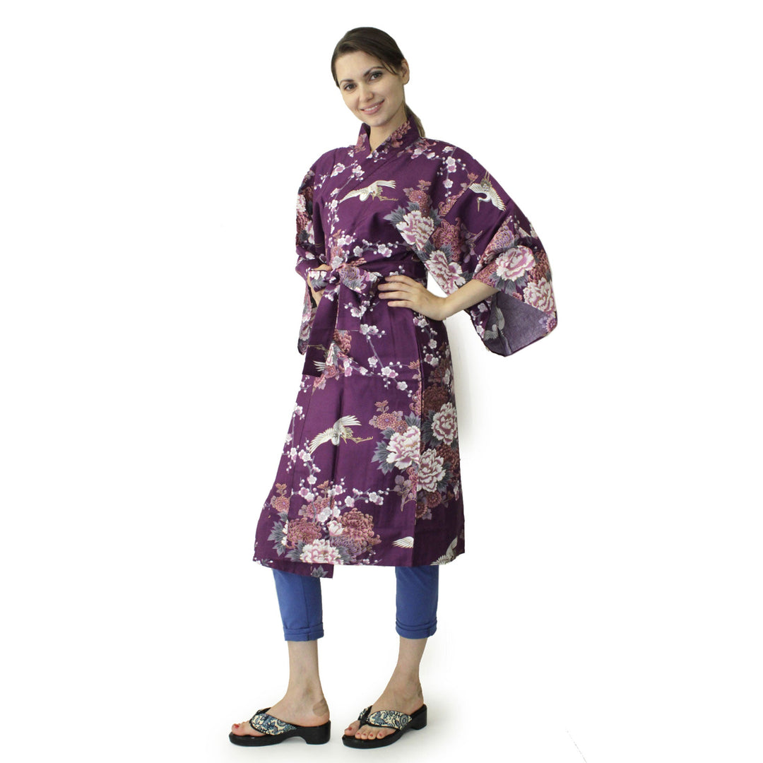 Women's Happi Coat: Kimono Robe - Flying Crane & Peony Purple