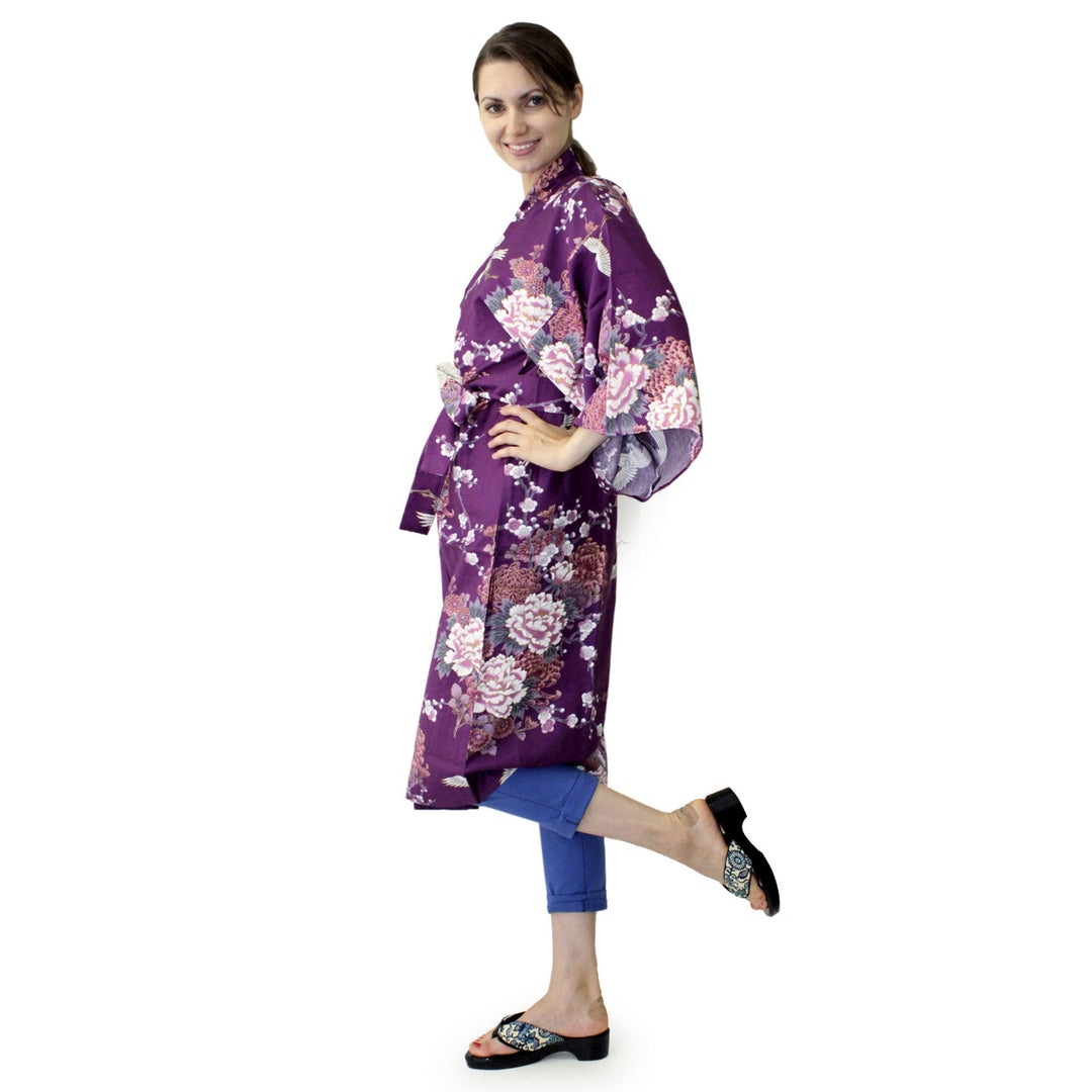 Women's Happi Coat: Kimono Robe - Flying Crane & Peony Purple