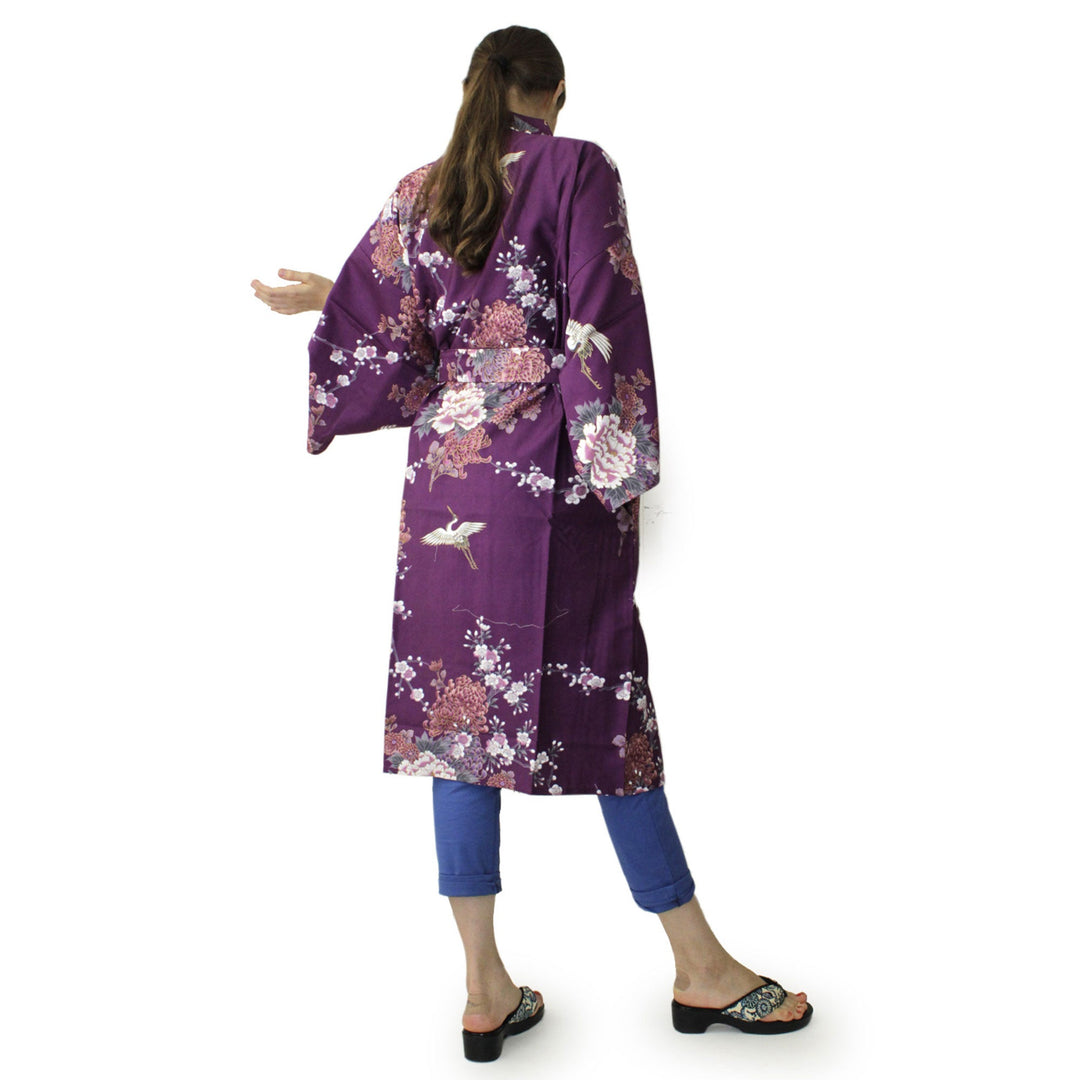 Women's Happi Coat: Kimono Robe - Flying Crane & Peony Purple