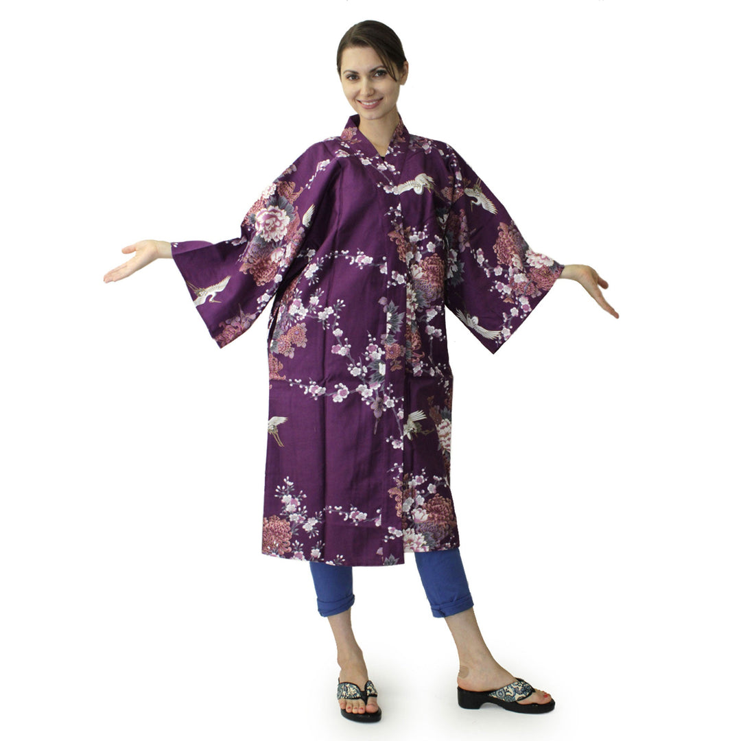 Women's Happi Coat: Kimono Robe - Flying Crane & Peony Purple