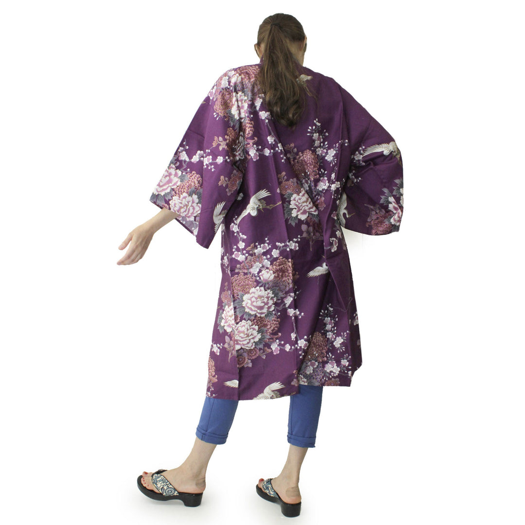 Women's Happi Coat: Kimono Robe - Flying Crane & Peony Purple