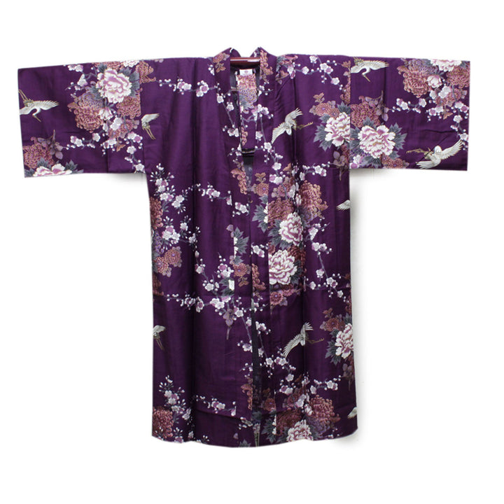 Women's Happi Coat: Kimono Robe - Flying Crane & Peony Purple