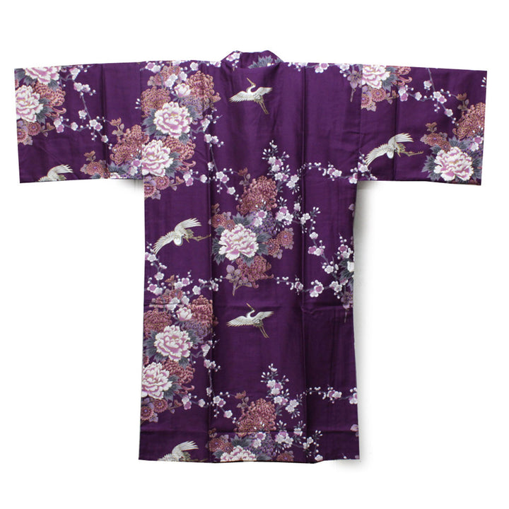 Women's Happi Coat: Kimono Robe - Flying Crane & Peony Purple