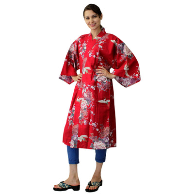 Women's Happi Coat: Kimono Robe - Flying Crane & Peony Red