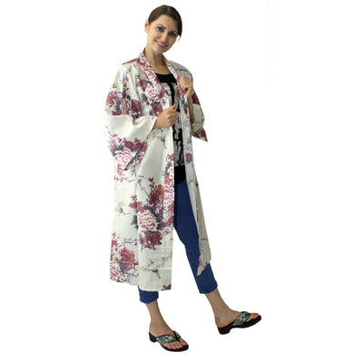 Women's Happi Coat: Kimono Robe - Flying Crane & Peony White