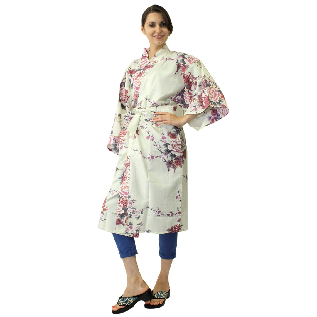 Women's Happi Coat: Kimono Robe - Flying Crane & Peony White