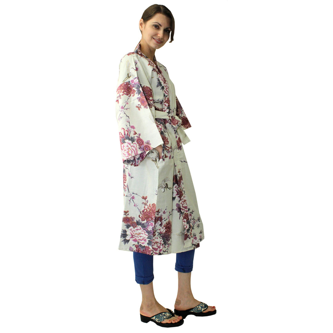 Women's Happi Coat: Kimono Robe - Flying Crane & Peony White