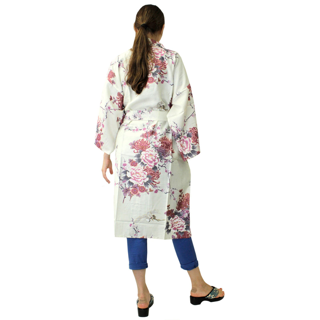 Women's Happi Coat: Kimono Robe - Flying Crane & Peony White