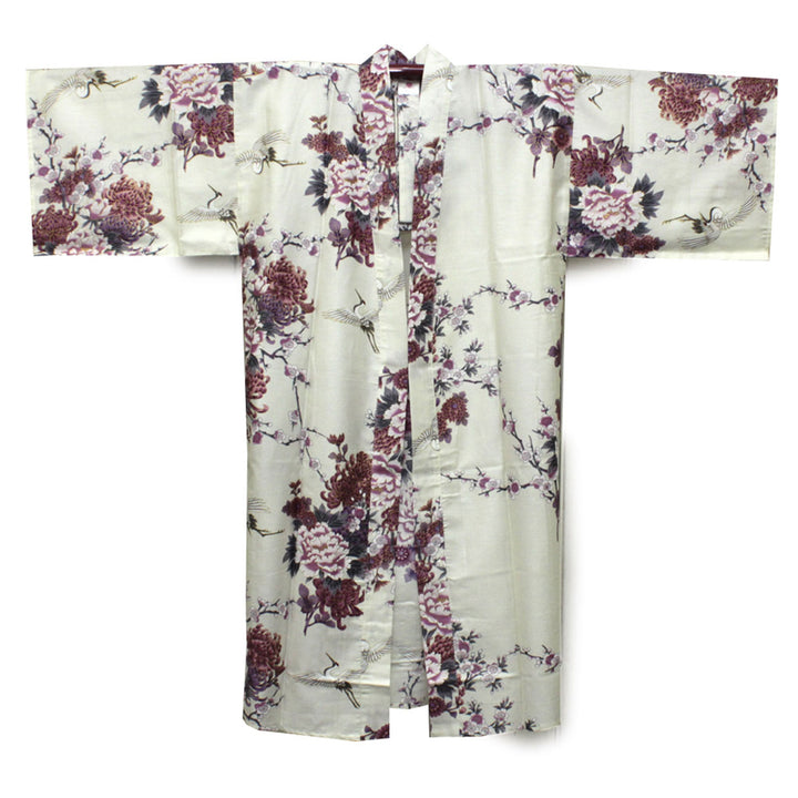 Women's Happi Coat: Kimono Robe - Flying Crane & Peony White