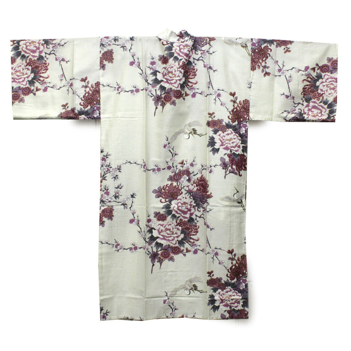 Women's Happi Coat: Kimono Robe - Flying Crane & Peony White