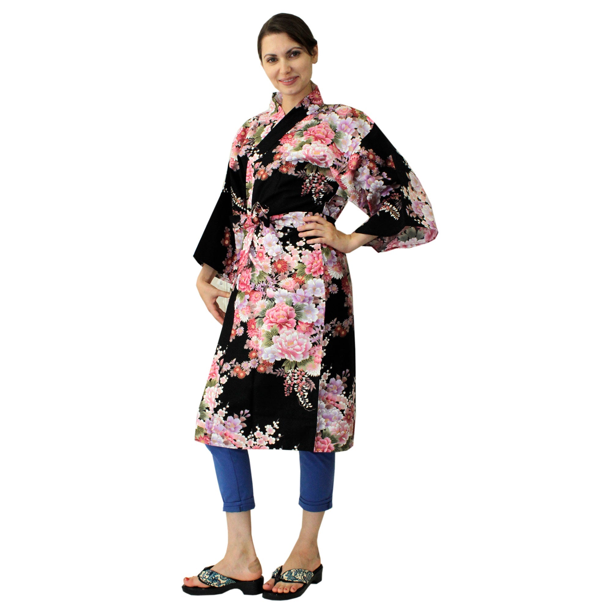 Women's Happi Coat: Kimono Robe - Flowers in Bloom Black – Kyoto ...