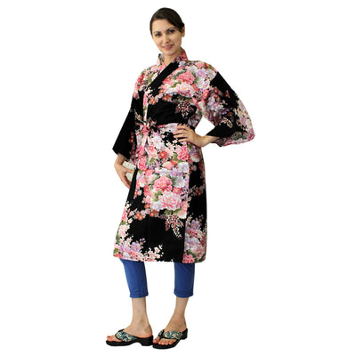 Women's Happi Coat: Kimono Robe - Flowers in Bloom Black