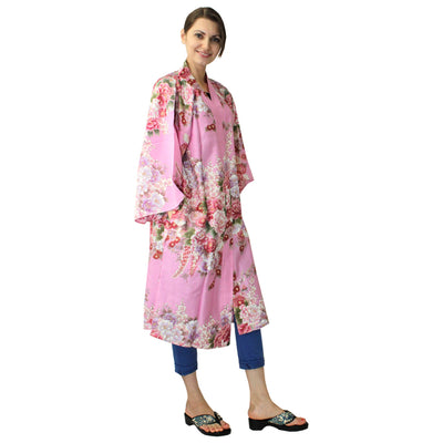 Women's Happi Coat: Kimono Robe - Flowers in Bloom Pink