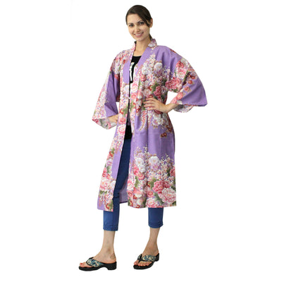 Women's Happi Coat: Kimono Robe - Flowers in Bloom Purple