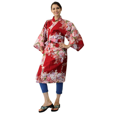 Women's Happi Coat: Kimono Robe - Flowers in Bloom Red