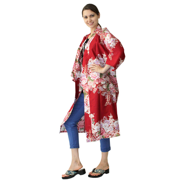 Women's Happi Coat: Kimono Robe - Flowers in Bloom Red