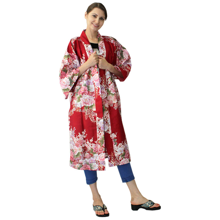 Women's Happi Coat: Kimono Robe - Flowers in Bloom Red