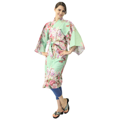 Women's Happi Coat: Kimono Robe - Flowers in Bloom Turquois