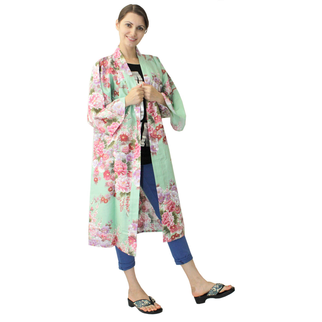 Women's Happi Coat: Kimono Robe - Flowers in Bloom Turquois