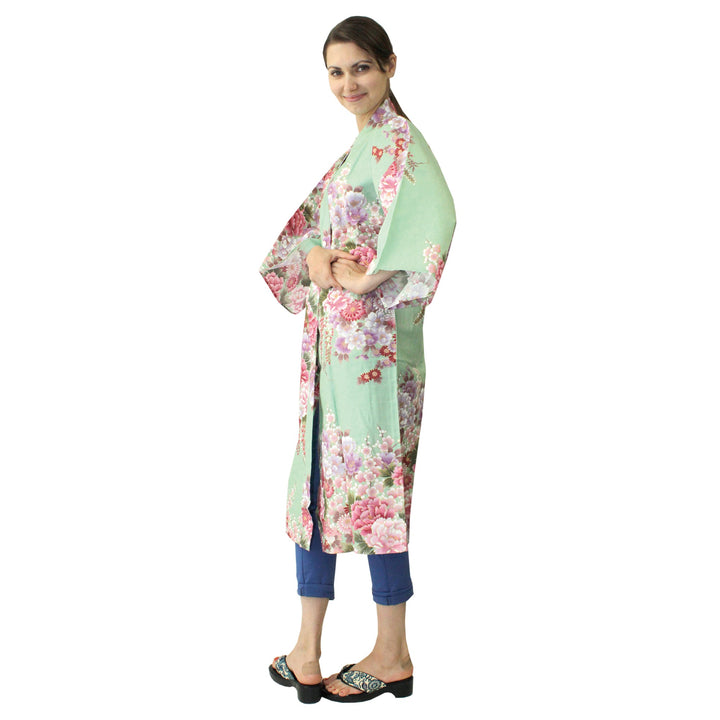 Women's Happi Coat: Kimono Robe - Flowers in Bloom Turquois