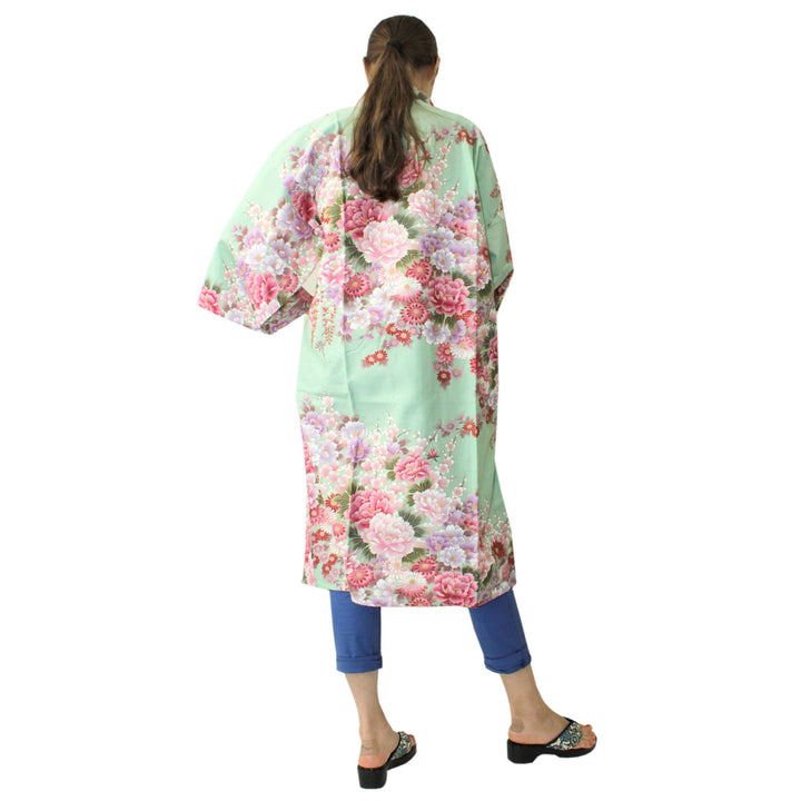 Women's Happi Coat: Kimono Robe - Flowers in Bloom Turquois