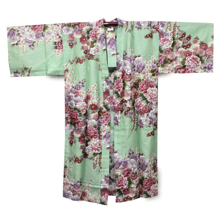 Women's Happi Coat: Kimono Robe - Flowers in Bloom Turquois