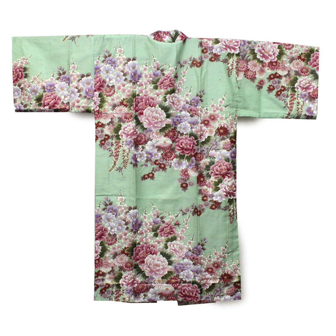 Women's Happi Coat: Kimono Robe - Flowers in Bloom Turquois