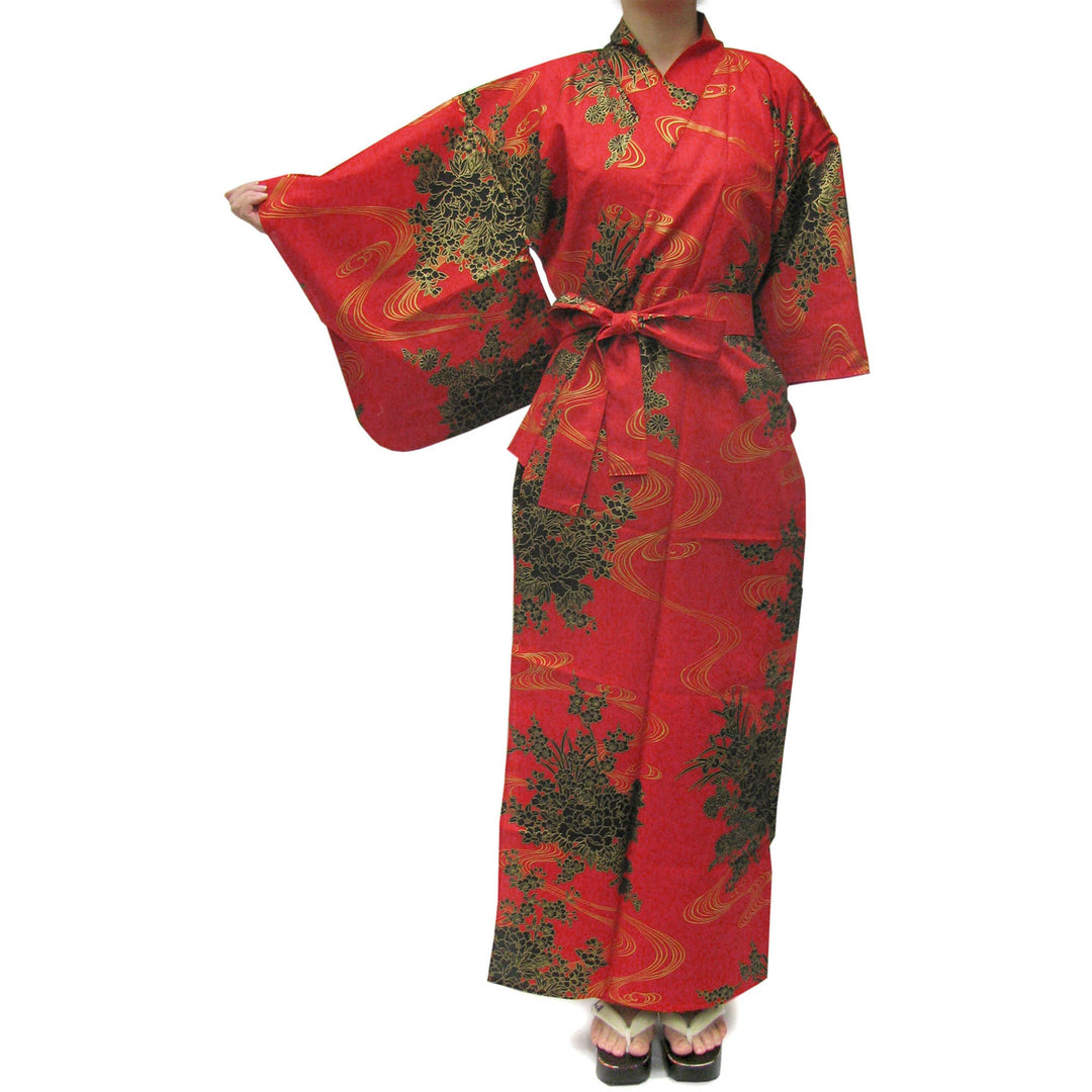 Women's Easy Yukata / Kimono Robe :  Japanese Traditional Clothes - Flowing Peony Red