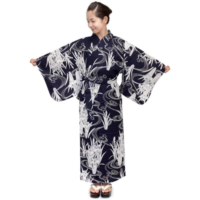 Women's Easy Yukata / Kimono Robe :  Japanese Traditional Clothes - Iris & Flowing Water Navy