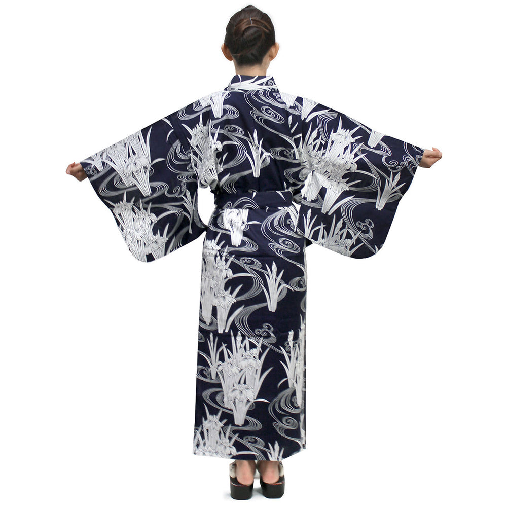 Women's Easy Yukata / Kimono Robe :  Japanese Traditional Clothes - Iris & Flowing Water Navy