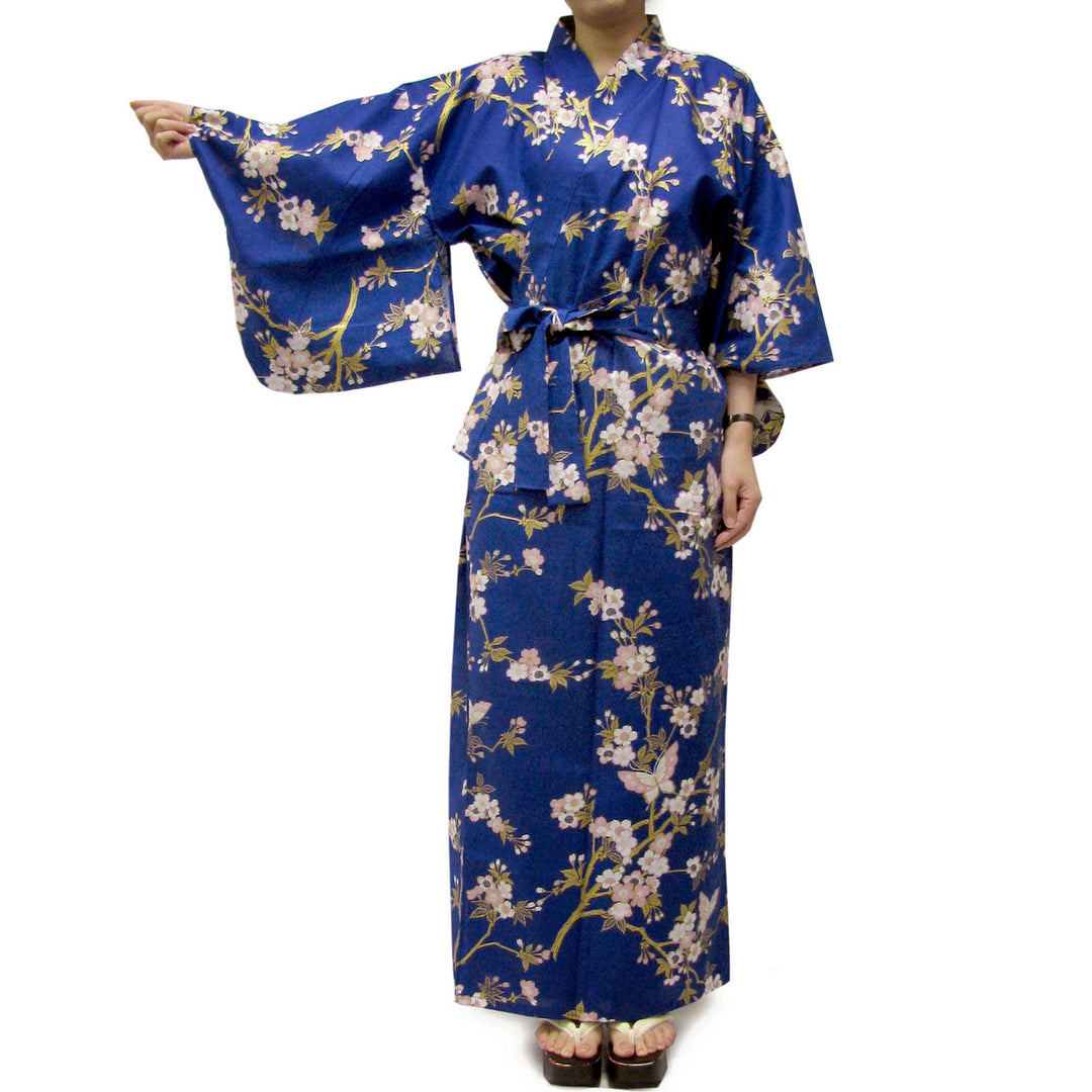Women's Yukata Robe Japanese Summer Kimono - Cherry Blossoms & Butterfly Blue Women's Yukata Robe Japanese Summer Kimono - Cherry Blossoms & Butterfly Blue