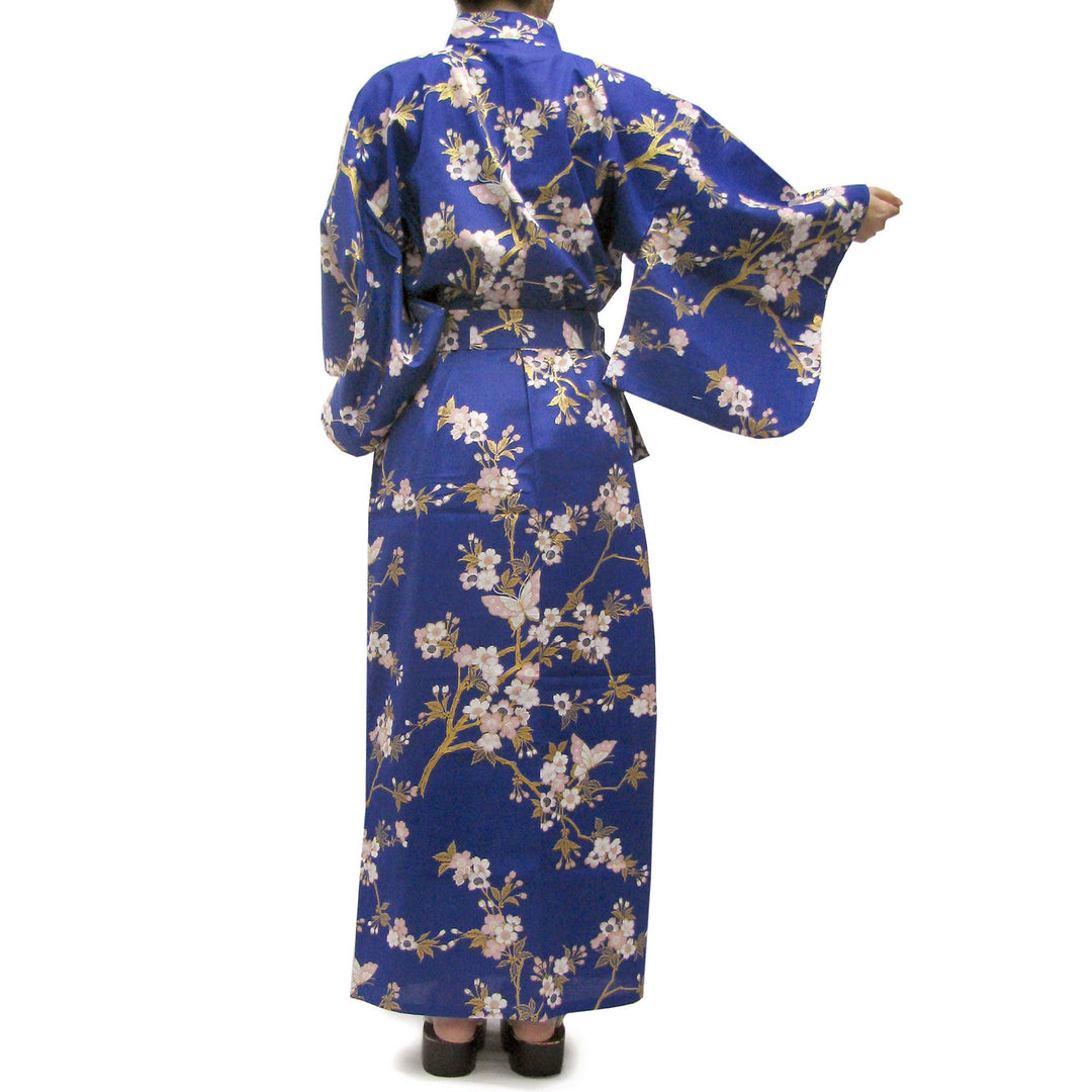 Women's Easy Yukata / Kimono Robe : Japanese Traditional Clothes - Cherry Blossoms & Butterfly Blue