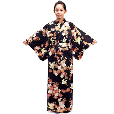 Women's Easy Yukata / Kimono Robe : Japanese Traditional Clothes - Cherry Blossoms & Crane Black