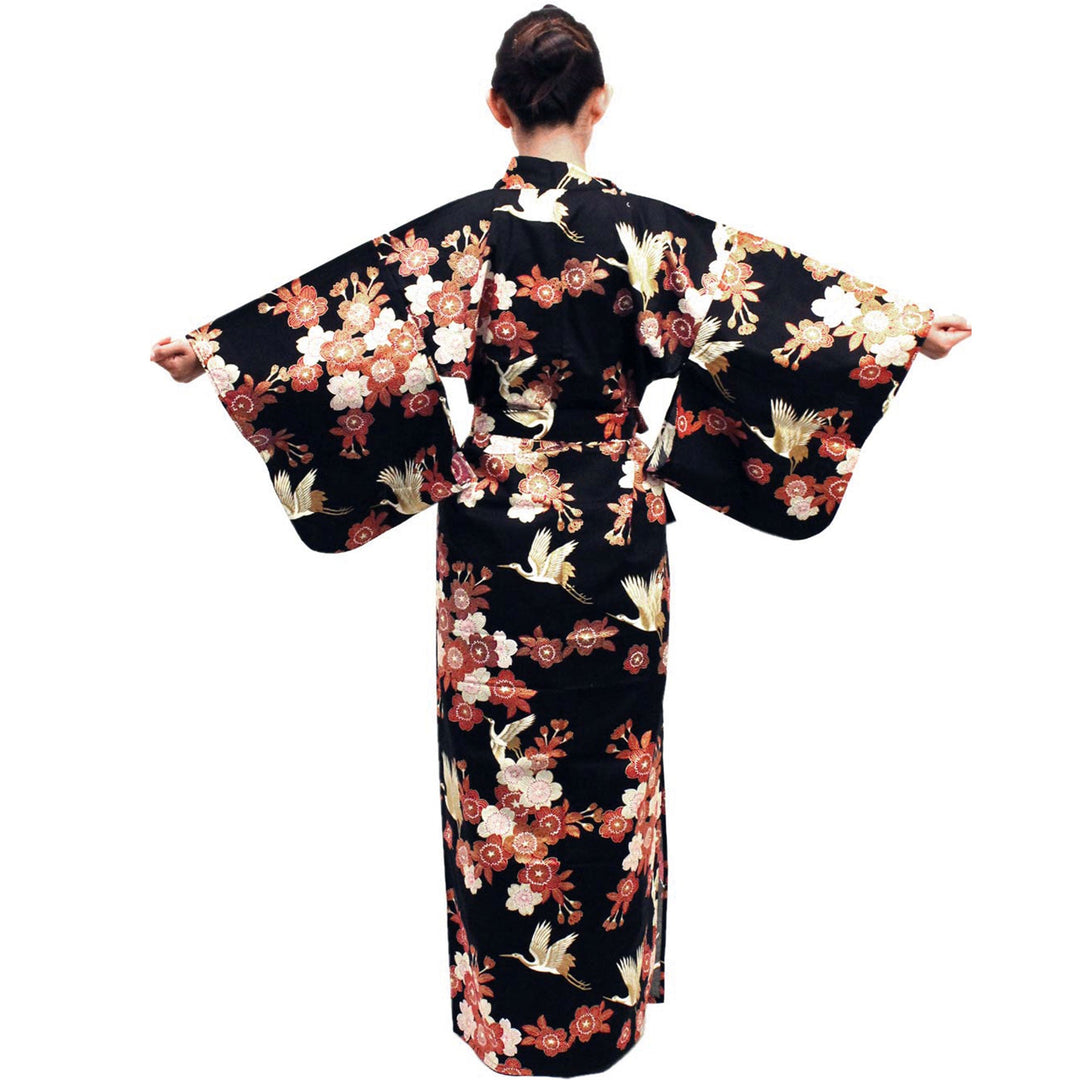 Women's Easy Yukata / Kimono Robe : Japanese Traditional Clothes - Cherry Blossoms & Crane Black