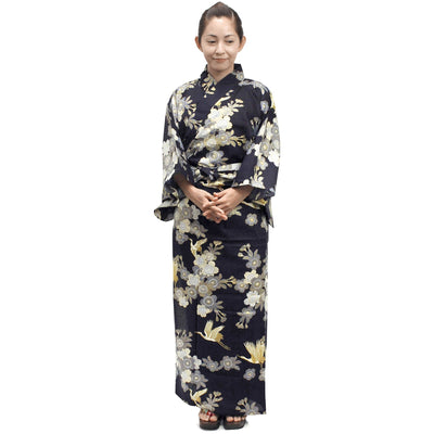 Women's Easy Yukata / Kimono Robe : Japanese Traditional Clothes - Cherry Blossoms & Crane Navy