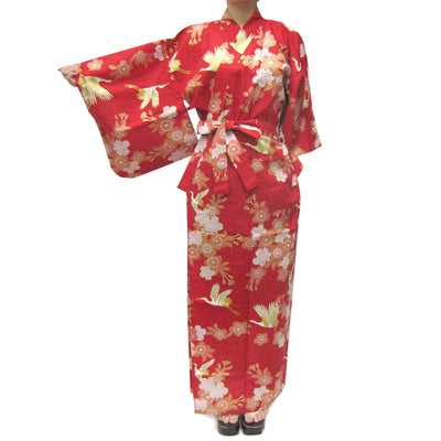 Women's Easy Yukata / Kimono Robe : Japanese Traditional Clothes - Cherry Blossoms & Crane Red