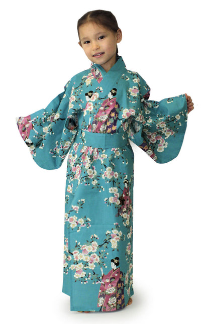 Girl's Easy Yukata / Kimono Robe : Japanese Traditional Clothes - Lovely "Maiko" Turquois